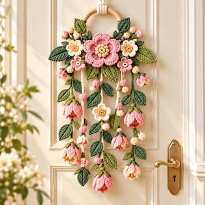 May include: A crochet wall hanging featuring a wooden ring base adorned with pink and white flowers, green leaves, and dangling floral buds. The arrangement includes various sizes of crocheted blossoms and foliage suspended on white yarn strands.
