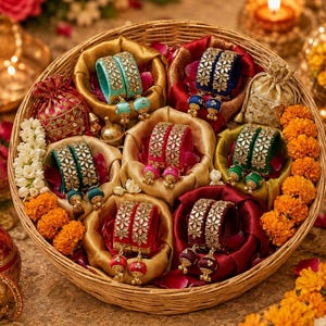 May include: A round woven basket containing seven pairs of fabric bangles in various colors including turquoise, blue, green, pink, red, and maroon. Each bangle features a floral-shaped metallic embellishment with small dangling charms.