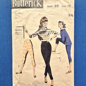 May include: A vintage Butterick sewing pattern envelope 7557 for a bust size 35 and size 15. The front features illustrations of three outfits including a striped top with diamond-patterned trousers, solid black trousers, and a polka-dot top with capri trousers.