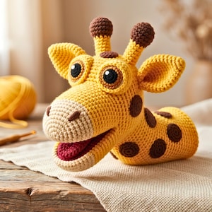 May include: A crochet giraffe puppet featuring a yellow body with dark brown spots, two small horns, large black eyes, and a light beige muzzle. The puppet has an open mouth revealing a dark red interior, crafted with detailed yarn stitching.
