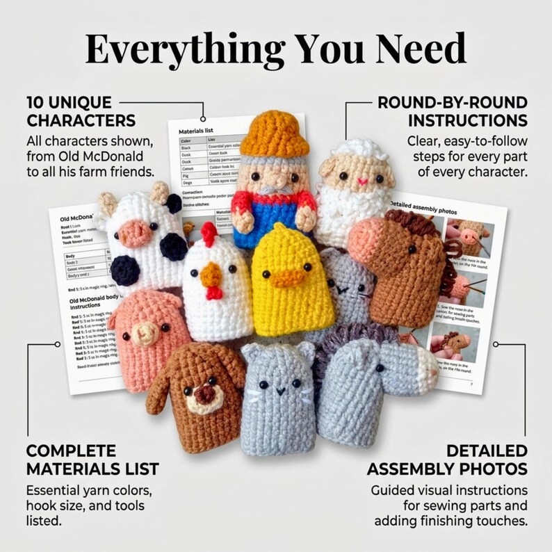 Farm Finger Puppets Crochet Pattern Collection Amigurumi Farm Animals ...