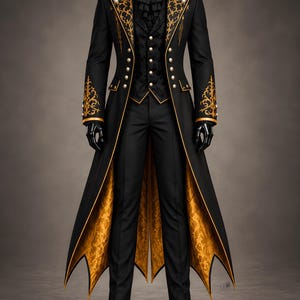Può includere: Un cappotto lungo nero con ricami dorati su revers e polsini, caratterizzato da un colletto alto e bottoni dorati. Sotto, un gilet nero a motivi, una camicia nera con colletto a volant, una spilla dorata, pantaloni neri e scarpe nere.