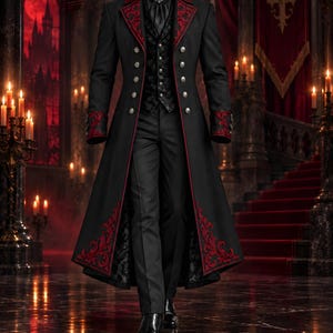 May include: A long black coat featuring red floral embroidery on the lapels and hem, paired with a black vest, a black shirt with a central brooch, and black trousers. The coat has silver buttons and red cuffs, creating a structured ensemble.