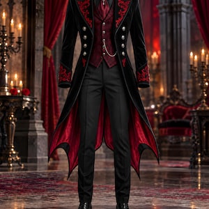 Op de afbeelding: Een zwarte fluwelen pandjesjas met rode borduursels, een rood vest met patroon, een zwart overhemd en een zwarte broek. De jas heeft zilveren knopen, een hoge kraag en een rode voering. Een zilveren ketting is aan het vest bevestigd en een rode broche is op de kraag gespeld.