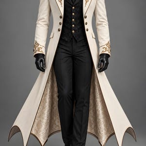 Op de afbeelding: Een lange crèmekleurige jas met gouden borduursels op de revers en manchetten, gedragen over een zwart vest met gouden knopen, een zwart overhemd, een zwarte plastron met een gouden broche, een zwarte broek, zwarte handschoenen en leren schoenen.