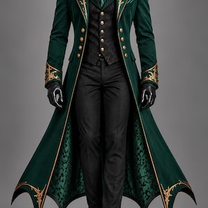 Gothic Emerald Green Textured Victorian Tailcoat Long Coat Steampunk Vampire Prince Trench Jacket Wedding Groom Tuxedo Formal Frock Coat