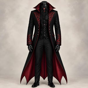 May include: A black long coat with a high collar and red ornate embroidery on the lapels and cuffs, featuring a red lining. The ensemble includes a black patterned vest, a black shirt with a red gemstone brooch, black trousers, and black shoes.