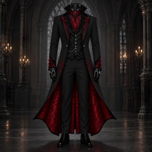 Könnte beinhalten: Ein langer schwarzer Mantel mit roter Stickerei an Revers und Manschetten sowie rotem Innenfutter. Das Ensemble umfasst eine gemusterte schwarze Weste mit silbernen Knöpfen, ein rotes Plastron, eine schwarze Hose und schwarze Schuhe.