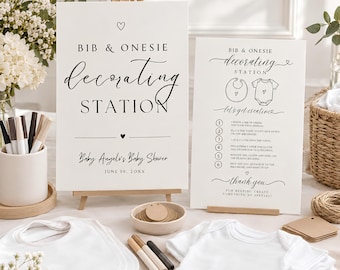 Cartello per la postazione di decorazione di bavaglini e body / Modello per attività di baby shower / Cartello stampabile per decorare un body / Modificabile su Canva
