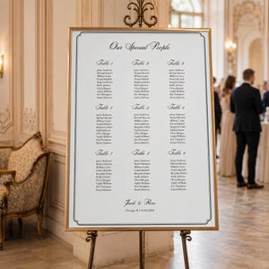 以下が含まれることがあります： ゴールドのフレームが付いた白い結婚式の座席表ボード。Our Special Peopleという文字、1から9までのテーブルリスト、Jack & Roseという名前、そしてChicago, ILという場所と04.06.20XXという日付が黒いインクで印刷されています。