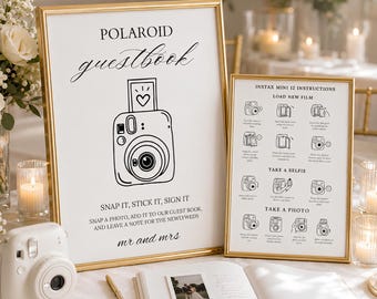 Polaroid Guest Book Wedding 8x10 Sign, Instax Mini 12 Instructions, Photo Guestbook Sign, Wedding Reception Canva Template Printable