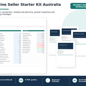 May include: An Online Seller Starter Kit Australia digital download featuring an Excel workbook with supplier comparison and landed-cost planning data, alongside four PDF guides titled Start Here Guide, Sample Inspection Checklist, Supplier Sourcing Templates, and Personal Use Licence.