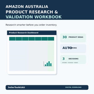 May include: A digital workbook titled Amazon Australia Product Research & Validation Workbook. It features a Product Research Dashboard graphic, 30 Product Ideas, Auto Scoring, and 3 Decisions: Strong, Review, Avoid. The bottom includes SellerToolkitAU.