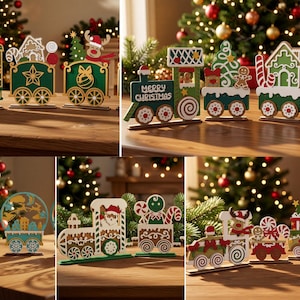 May include: A collection of flat, laser-cut wooden Christmas train decorations featuring various festive motifs like gingerbread houses, reindeer, snowmen, and candy canes. The set includes digital file formats labeled SVG, PNG, DFX, PDF, EPS, CDR.