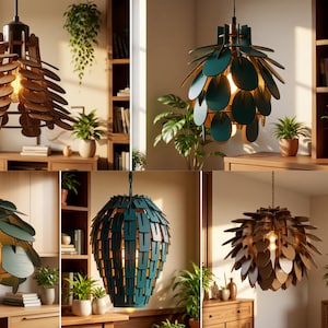 Può includere: Una collezione di cinque lampade a sospensione con design a petali sovrapposti in legno o color verde acqua. L'immagine include il testo: E, SVG, PNG, DFX, PDF, EPS, CDR, 05FILE, 3MM. Queste lampade mostrano intricati motivi geometrici sovrapposti.
