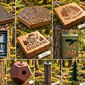以下が含まれることがあります： レーザーカットされた迷路、郵便受け、木、Hunt for CachesやGeocachingの文字が入った箱など、木製のジオキャッシング用コンテナとゲームピースのコレクション。SVG、PNG、DFX、PDF、EPS、CDRファイルが含まれています。