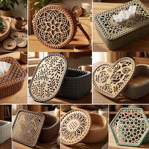 Könnte beinhalten: Eine Sammlung digitaler Dateien in den Formaten SVG, PNG, DFX, PDF, EPS und CDR für lasergeschnittene Aufbewahrungsboxen. Die Designs zeigen verschiedene geometrische, florale und Mandala-Muster auf den Deckeln von rechteckigen und runden Körben.