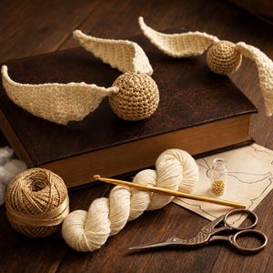 May include: Two crocheted golden spheres with off-white wings resting on a dark brown book. Beside the book are a ball of golden yarn, a skein of off-white yarn, a gold crochet hook, a small glass vial of beads, and ornate metal scissors.