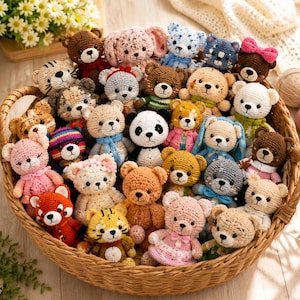May include: A large collection of small, handmade crochet stuffed animals packed into a woven wicker basket. The assortment includes various bears, a panda, a red panda, a tiger, and rabbits in diverse colors like brown, pink, white, and blue.