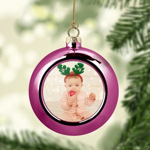 Plastic Round Metallic Pink Ornament, Customized Photo Ornament, Unique Gift, Christmas Ornament, Personalized Christmas Ornament