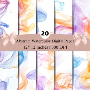Può includere: Una collezione di 20 carte digitali ad acquerello astratto con motivi fluidi simili a fumo in tonalità viola, blu, arancione e rosa su sfondo bianco. Il testo recita 20 Abstract Watercolor Digital Paper 12* 12 inches | 300 DPI.