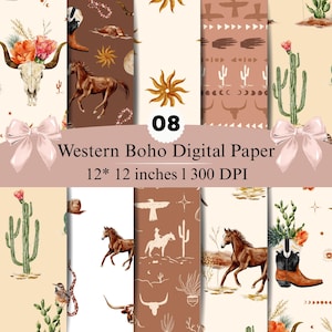 May include: A collection of digital paper patterns featuring watercolour illustrations of horses, cacti, cow skulls, boots, and desert motifs in brown, cream, and orange tones. The text reads 08 Western Boho Digital Paper 12* 12 inches | 300 DPI.
