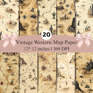 May include: A collection of 20 digital papers featuring vintage western map designs in sepia tones. Each sheet measures 30.48 by 30.48 cm at 300 DPI. The illustrations include desert landscapes, cacti, compass roses, winding paths, and small buildings.