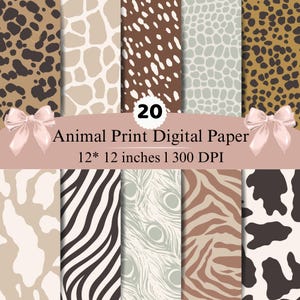 Op de afbeelding: Een collectie van 20 digitale vellen met dierenprints zoals luipaard, giraf, zebra en koe. De tekst luidt 20 Animal Print Digital Paper 12* 12 inches | 300 DPI. Twee lichtroze strikken bevinden zich aan de zijkanten van de tekstbanner.