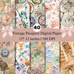 Op de afbeelding: Een collectie digitaal papier met vintage reisthema's, waaronder het Vrijheidsbeeld, de Eiffeltoren, de Toren van Pisa, vliegtuigen, heteluchtballonnen, wereldbollen en diverse internationale paspoortstempels op verouderd papier.