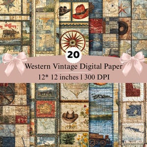 Può includere: Una collezione di 20 fogli di carta digitale con immagini a tema Western, tra cui cappelli da cowboy, ruote di carro, mappe e paesaggi in stile patchwork. Il testo recita 20 Western Vintage Digital Paper 12* 12 inches | 300 DPI.