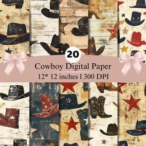 May include: A collection of 20 digital paper sheets featuring cowboy-themed patterns with illustrations of hats, boots, and stars in red, blue, and tan colours. The text reads 20 Cowboy Digital Paper 12* 12 inches | 300 DPI with two bows.