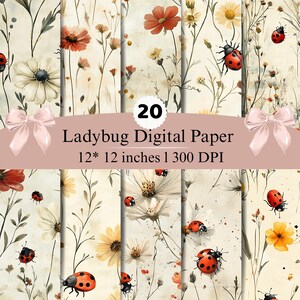 Könnte beinhalten: Eine Sammlung von 20 digitalen Papierbögen mit Marienkäfern und Wildblumen auf cremefarbenem Hintergrund. Der Text lautet 20 Ladybug Digital Paper 12* 12 inches | 300 DPI. Jeder Bogen zeigt rote Marienkäfer mit schwarzen Punkten zwischen Blumen.