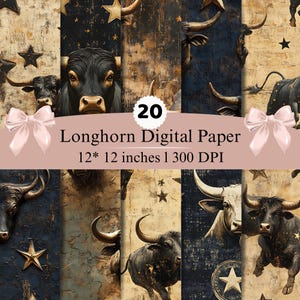 May include: A digital paper collection featuring 20 patterns with longhorn cattle and star motifs in black, gold, and beige tones. The text reads 20 Longhorn Digital Paper 12* 12 inches | 300 DPI, accented by two light pink decorative bows.
