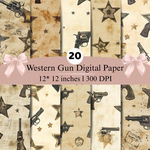 Puede incluir: Una colección de 20 hojas de papel digital con temática del oeste, con ilustraciones de revólveres y estrellas sobre un fondo beige desgastado. El texto dice 20 Western Gun Digital Paper 12* 12 inches | 300 DPI con dos lazos rosas.