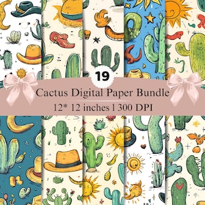 May include: A digital paper bundle featuring 19 patterns with illustrations of green cacti, yellow suns, and hats on cream and blue backgrounds. The text reads 19 Cactus Digital Paper Bundle 12* 12 inches | 300 DPI, with pink bows on the sides.