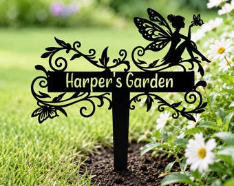 Letrero personalizado para jardín de hadas, decoración metálica personalizada para jardín, accesorios para jardín de hadas, estaca con nombre para jardín, decoración para porche exterior.
