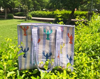 Handmade Quilted Cotton Tote Bag, Lobster Print, Coastal Boho Style