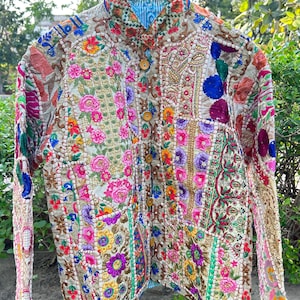 Indian Textile, Handmade Embroidered Colorful Patchwork Coat, Women Multicolor Jacket