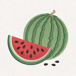 May include: An embroidered design of a whole round watermelon with dark green stripes and a small brown stem, accompanied by a triangular slice showing red flesh with black seeds and a green rind, plus three loose black seeds nearby.