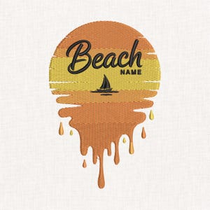 Beach Sunset Embroidery Design, Retro Sailboat Dripping Sun Custom Name Machine Embroidery Art, 9 Sizes