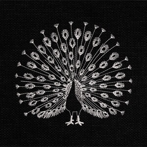 May include: A white embroidered peacock design on a solid black fabric background. The peacock is depicted with its tail feathers fully fanned out in a circular pattern, showcasing detailed line work for each individual feather and eye spot.
