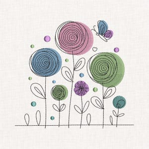 Könnte beinhalten: Ein Stickmuster mit stilisierten Blumen, deren runde, spiralförmig gestickte Blütenköpfe in Rosa, Blau, Grün und Violett gehalten sind. Die Stängel und Blätter sind schwarz umrandet. Ein kleiner blau-violetter Schmetterling ist oben platziert.