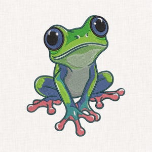 Könnte beinhalten: Ein gestickter Aufnäher, der einen stilisierten Frosch mit großen dunklen Augen, einem hellgrünen Kopf und Rücken, einem hellgrauen Bauch sowie blauen Gliedmaßen mit rosafarbenen Zehenspitzen zeigt. Die dichte Stickerei erzeugt eine strukturierte Optik.