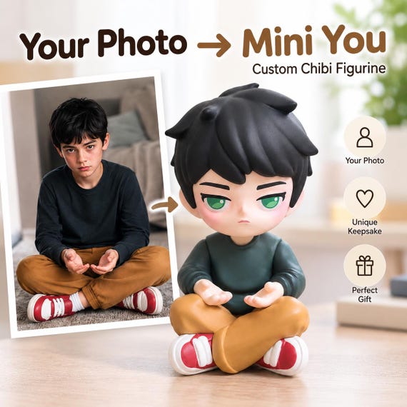 An artist hand-sculpts a tiny chibi caricature of YOU from a photo — it's a mini-me figurine for your desk that no algorithm can auto-generate.