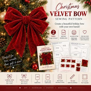 May include: A digital sewing pattern for a Christmas velvet bow, featuring a large red velvet bow, printable templates in A4 and US Letter sizes, and a 9-page step-by-step guide. Includes dimensions of 30 x 35 cm (12 x 14 inches) and 20 x 24 cm (8 x 9.5 inches).