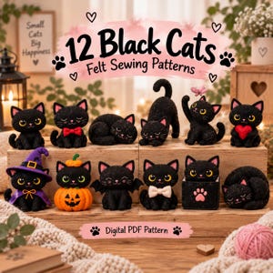 12 sömnadsmönster av svart kattfilt, Halloween-juldekorationer (digital PDF)