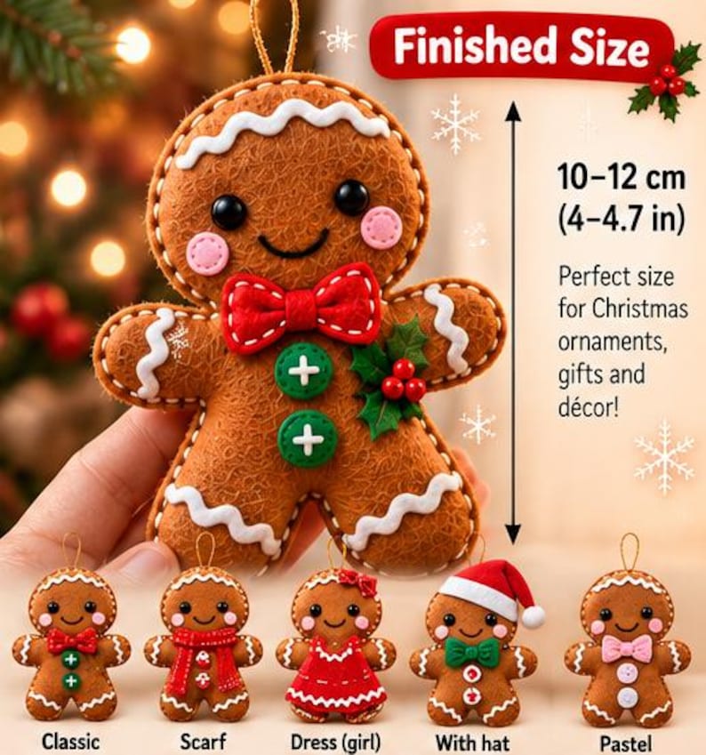 May include: A brown felt gingerbread person ornament with black eyes, pink cheeks, a red bow tie, and two green buttons. It features white icing trim and a holly sprig. Text indicates a finished size of 10-12 cm. Five variations are shown below.
