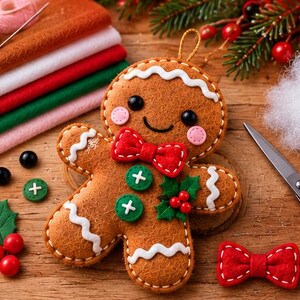 May include: A felt gingerbread man ornament featuring a red bow tie, two green buttons, and white icing trim. The ornament has black bead eyes and pink felt cheeks. It is surrounded by craft supplies including felt sheets, scissors, and holly.
