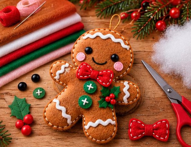 May include: A felt gingerbread man ornament featuring a red bow tie, two green buttons, and white icing trim. The ornament has black bead eyes and pink felt cheeks. It is surrounded by craft supplies including felt sheets, scissors, and holly.