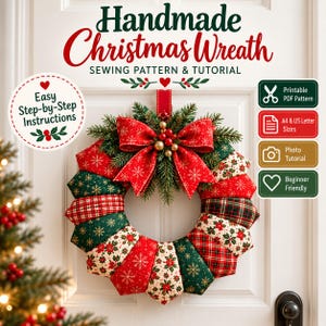 Christmas Wreath Sewing Pattern PDF, Patchwork Fabric Wreath, DIY Christmas Decor, Holiday Sewing Pattern